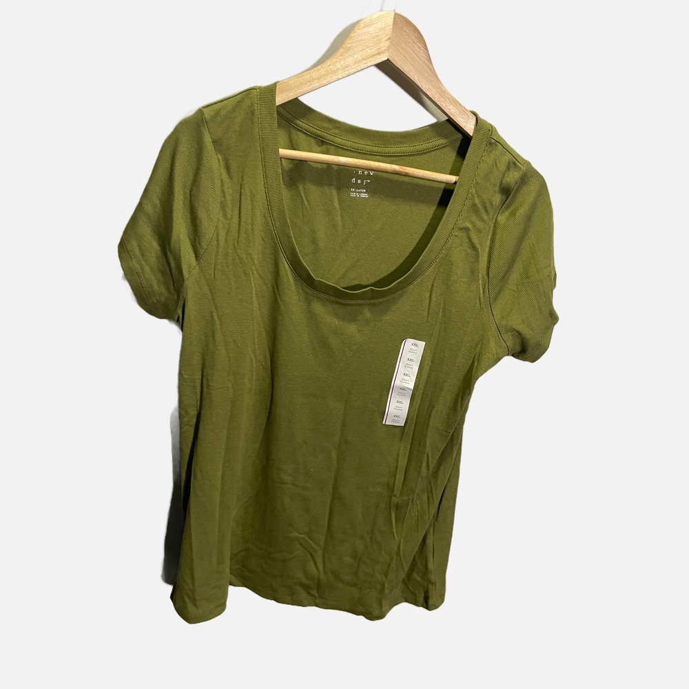 A New Day Womens Olive Green Ribbed Scoop Neck Short Sleeve Tee XXL 5602WW - Picture 2 of 5